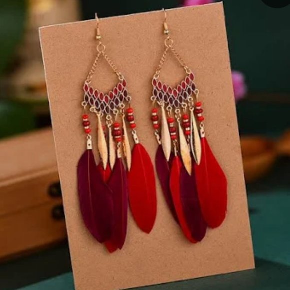 Bohemian Diamond Feather Dark Red Earrings - Picture 3 of 10